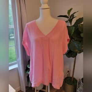 Umgee Pink sheer linen blend tunic top with short folded sleeves
